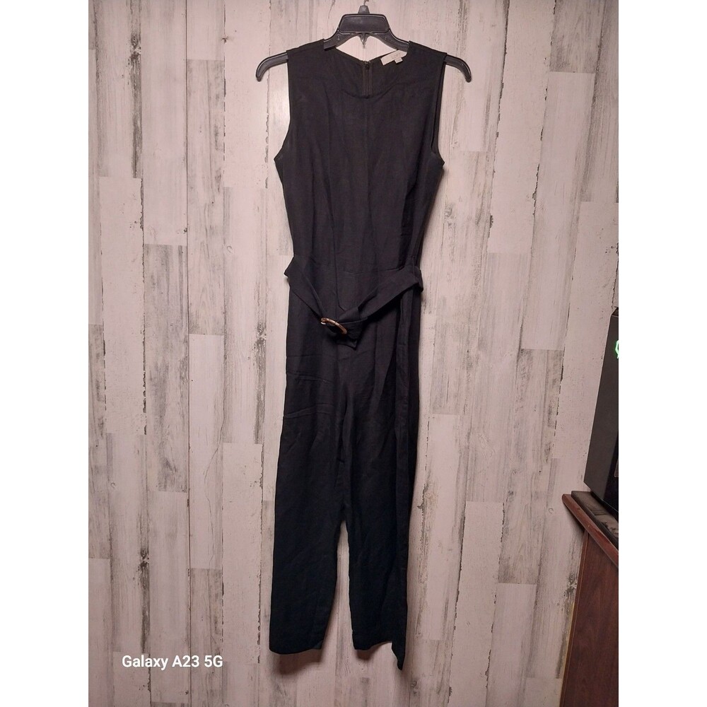 Womens Black Linen Blend Jumpsuit Size 12 Sleeveless Belted LOFT Jumper Casual